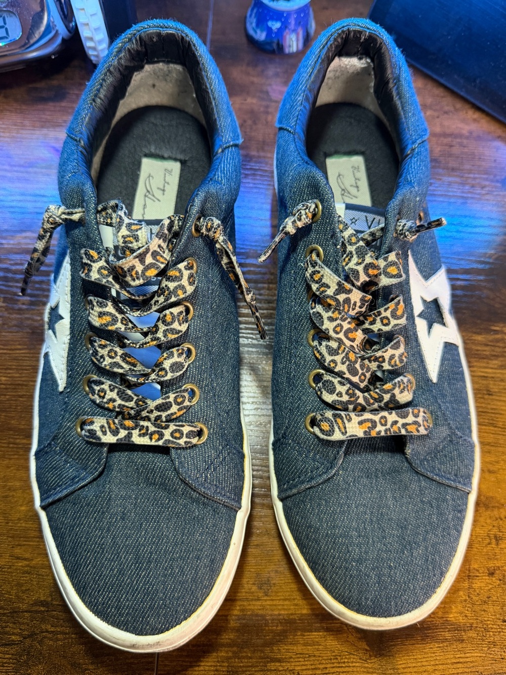 Vintage Denim Star Sneakers with Leopard Laces